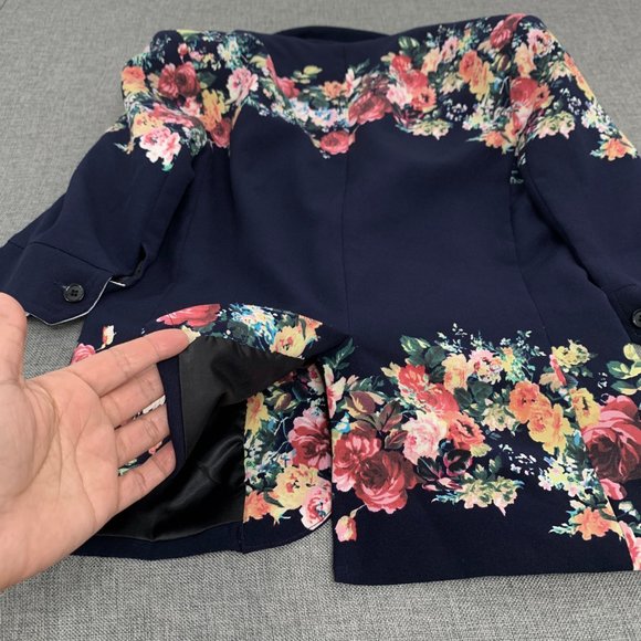 Those Days Beautiful Navy Blue Jacket Floral Print Shoulder Pads Cotton 1 Button - Picture 7 of 15